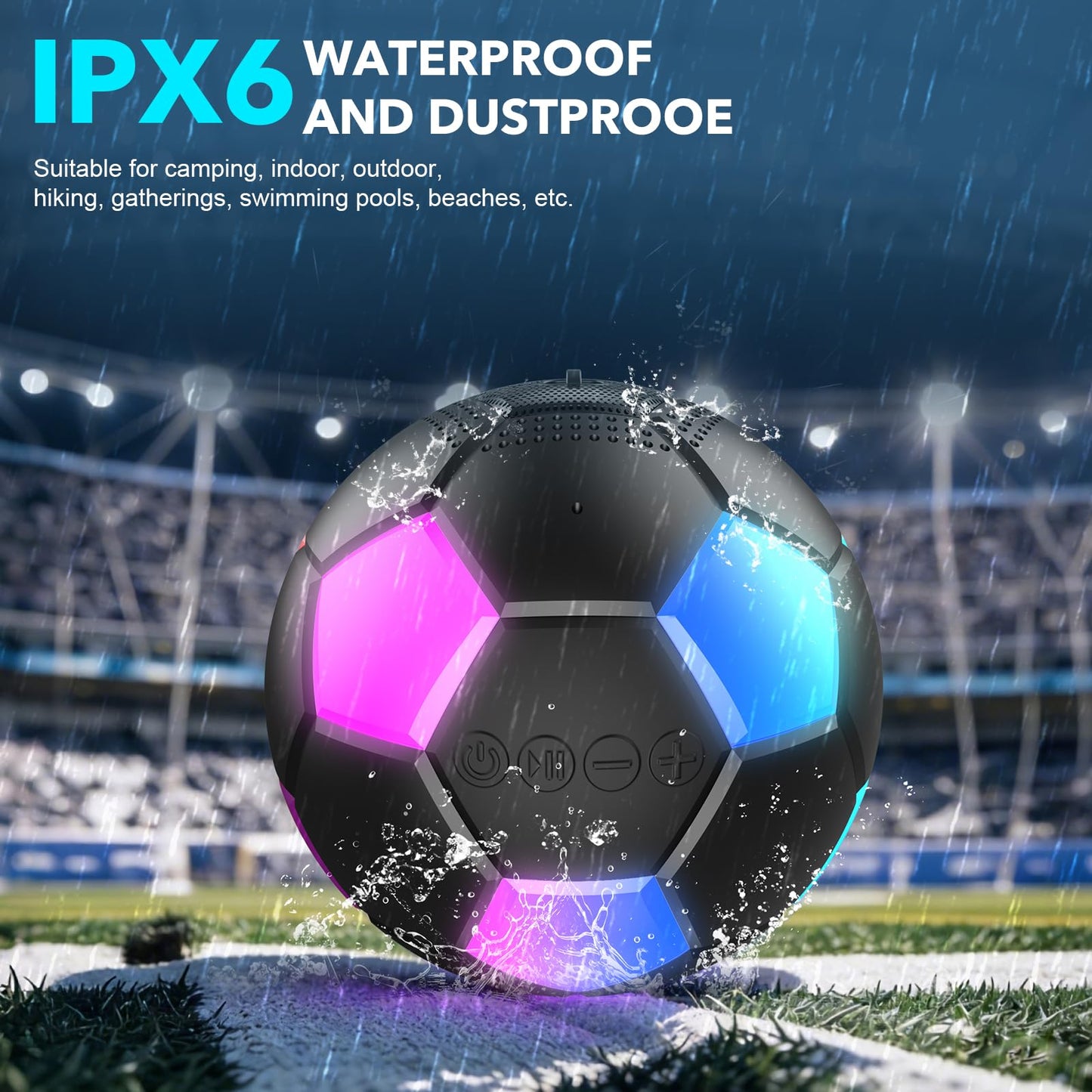 RZLCCL Soccer Ball Shaped Speaker, Portable Wireless Speaker with LED Light, IPX6 Waterproof, 5W Stereo, TWS Pairing, Suitable for Outdoor Travel