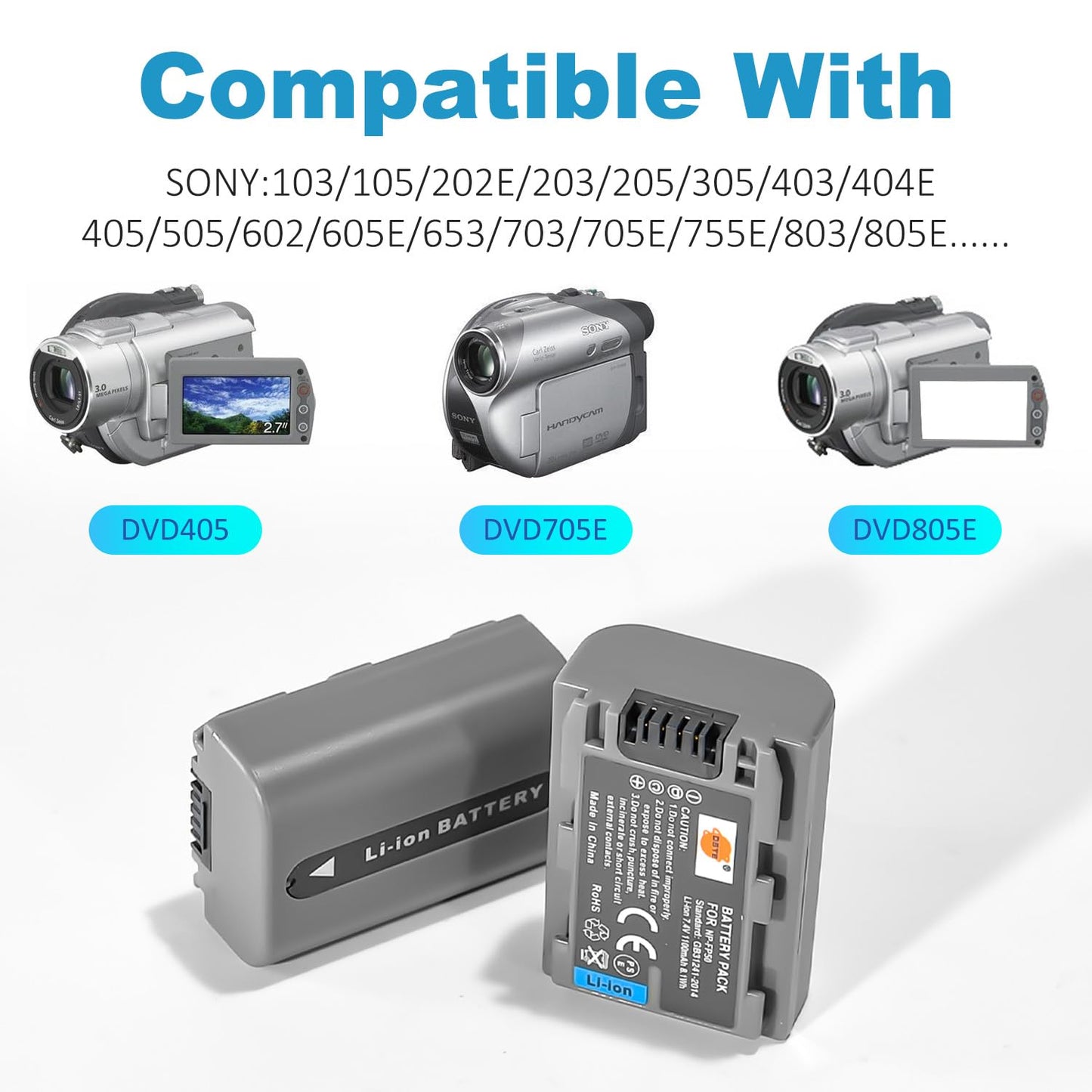 DSTE 2-Pack NP-FP50 Battery and Travel Charger Kit Compatible with Sony DCR-HC30 40 43E 65 85 94E 96 DCR-SR30 60E 70E 80E 100 Camera NP-FP30 NP-FP60