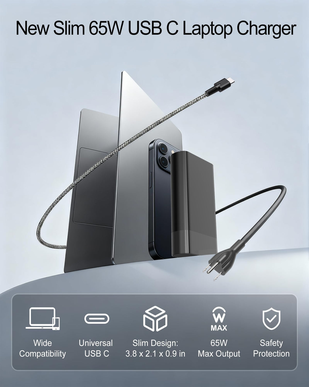 65W Slim USB C Laptop Charger Compatible with HP Spectre x360 Omnibook