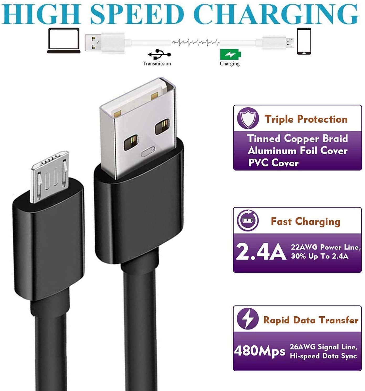 KAHEAUM Long 10FT USB to Micro USB Cable Android Charger Cable,Fast Charge Quick Date Transfer Micro USB Charging Cable Durable USB Cable Cord