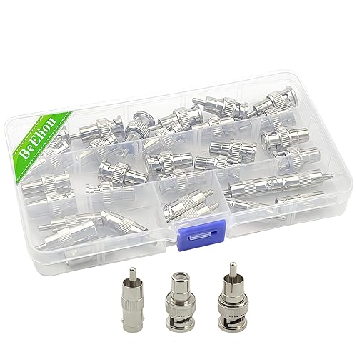 BeElion All-in-One 32-Pack RCA to BNC Adapter Kit - 11 M2M/11 M2F/10 F2M Nickel-Plated Brass Connectors for CCTV, Security Cameras & Audio Systems