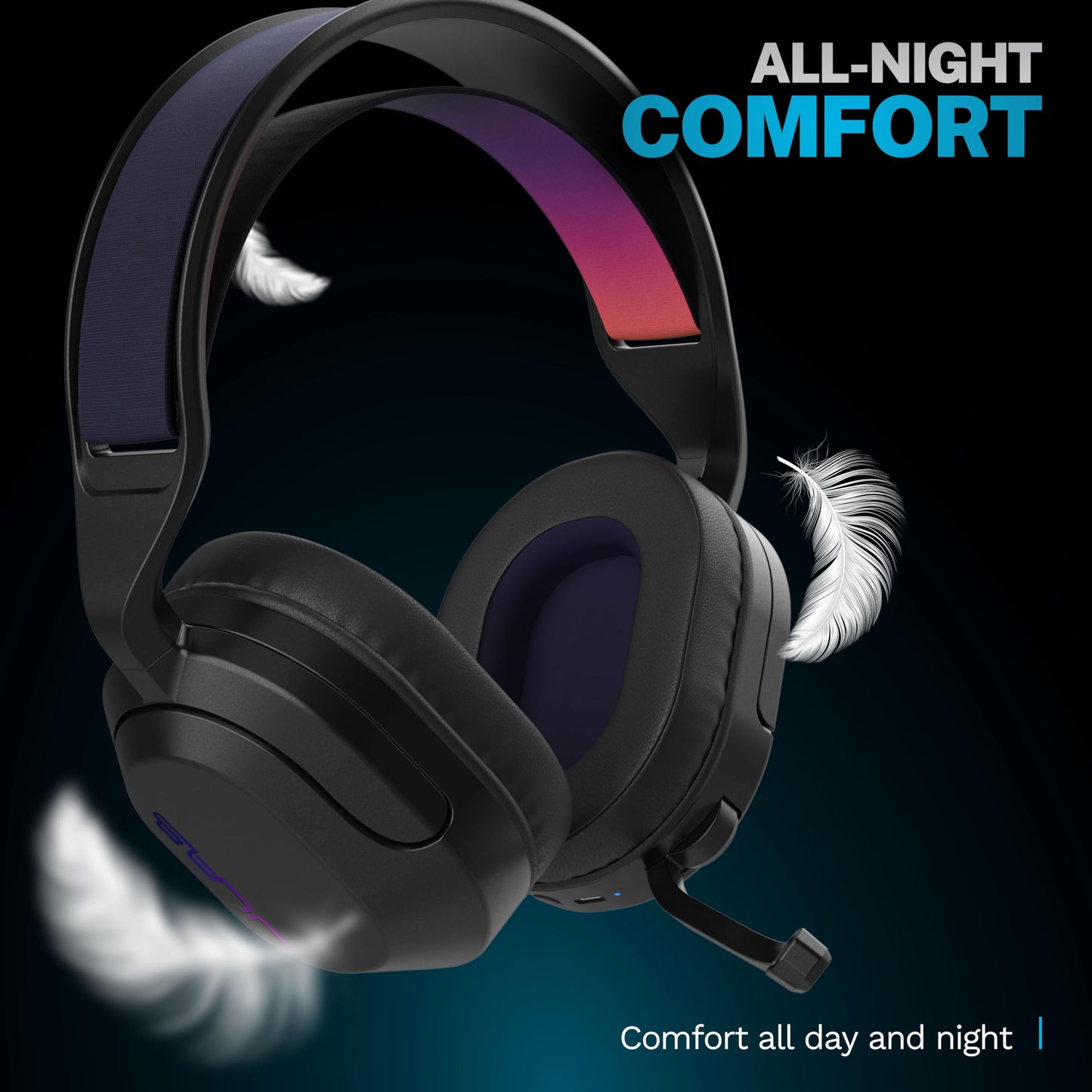 JLab Nightfall Wireless Gaming Headset, All-Night Comfort, 50mm Drivers and Sound Isolating Inner Shelf, Flip-to-Mute Rotating Mic, Dual Wireless