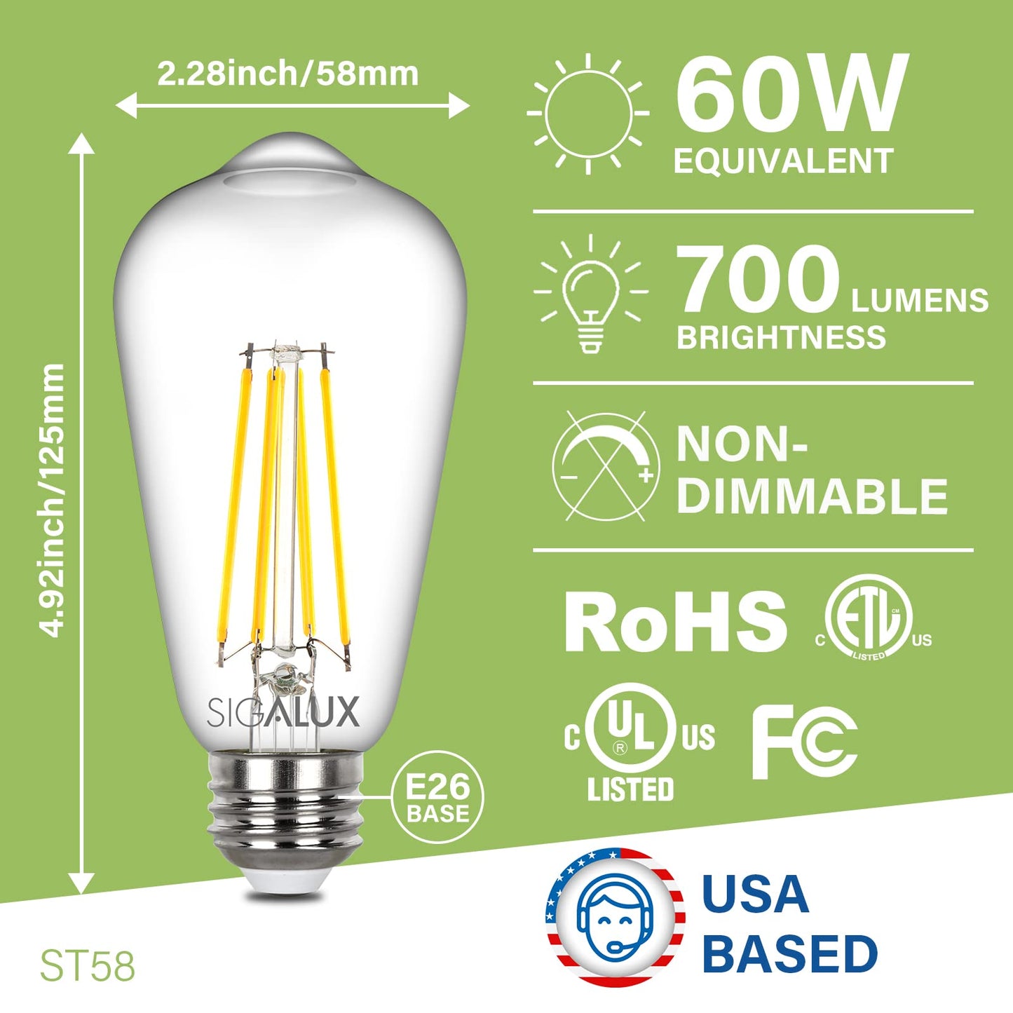 Sigalux Edison Bulbs, E26 LED Bulb ST58 Filament Clear Non-Dimmable Vintage Light Bulbs 60W Equivalent 700LM Daylight White 5000K 15, 000hrs 4 Pack