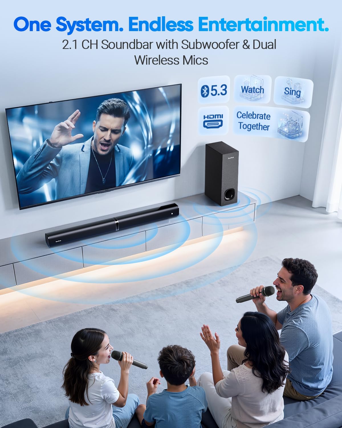 Soundbar with Subwoofer for TV, Home Theater Bluetooth 5.3 Speaker System with 2 Wireless Karaoke Mics, Surround Sound Audio with HDMI ARC, Optical