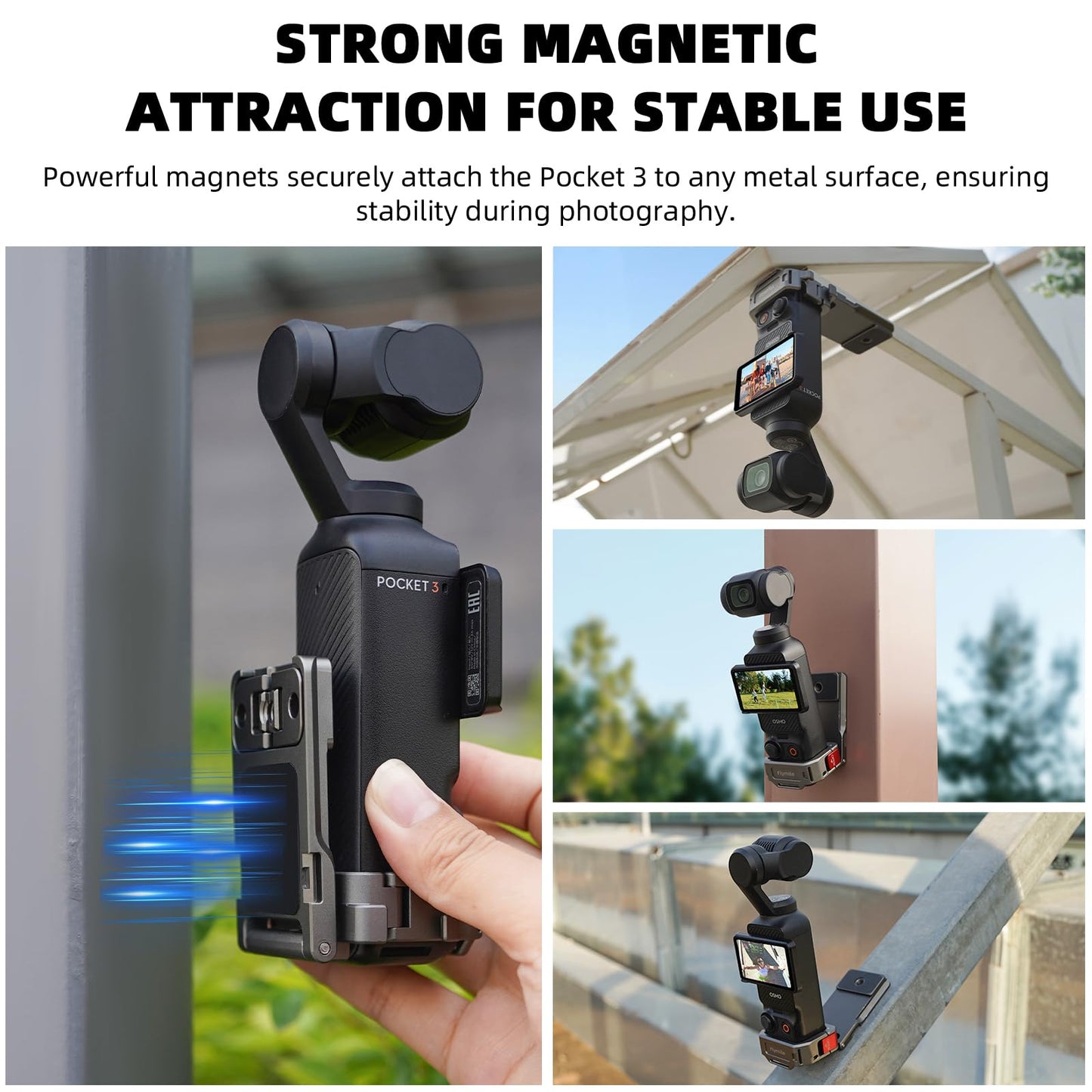 Flymile Pocket 3 Magnetic Mount, Magnet Expansion Adapter Holder with Cold Shoe on Iron Fence etc, Aluminum Alloy Magnetic Mount Stand for DJI Osmo
