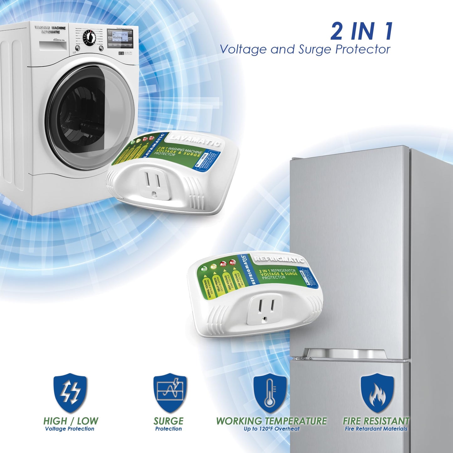 Two Electronic Voltage & Surge Protector Combo - Protect your Refrigerator and Washing Machine Against High and Low Voltage, Brownouts and Spikes