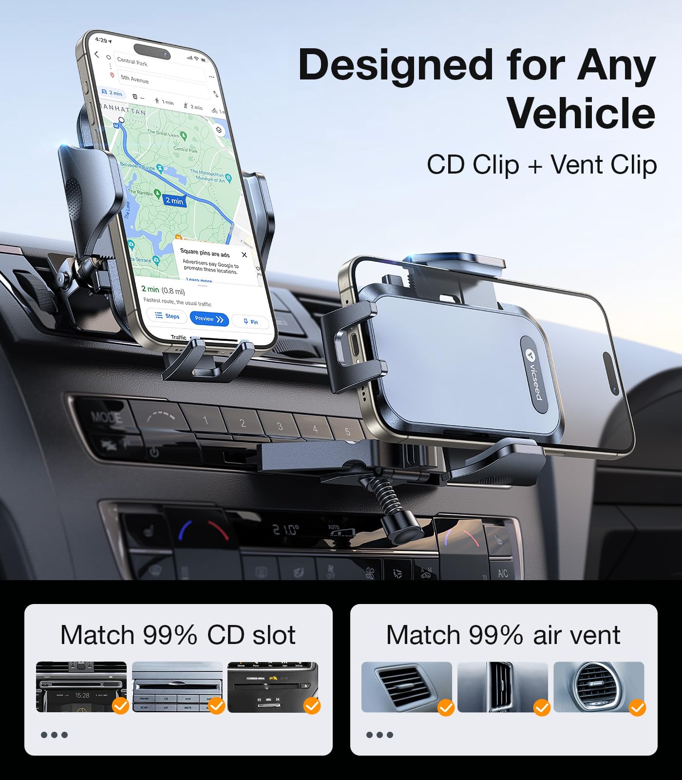 VICSEED Military-Grade Sturdy Car Phone Holder Mount, Upgraded Anti Shake Metal CD Slot & Air Vent Thick Case Friendly Phone Mount for Car Fit