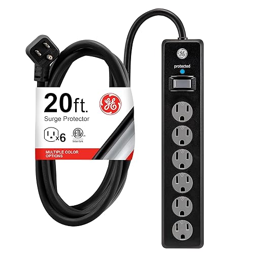 GE 6-Outlet Surge Protector, 20 Ft Extension Cord, Power Strip, 800 Joules, Flat Plug, Twist-to-Close Safety Covers, Protected Indicator Light, UL