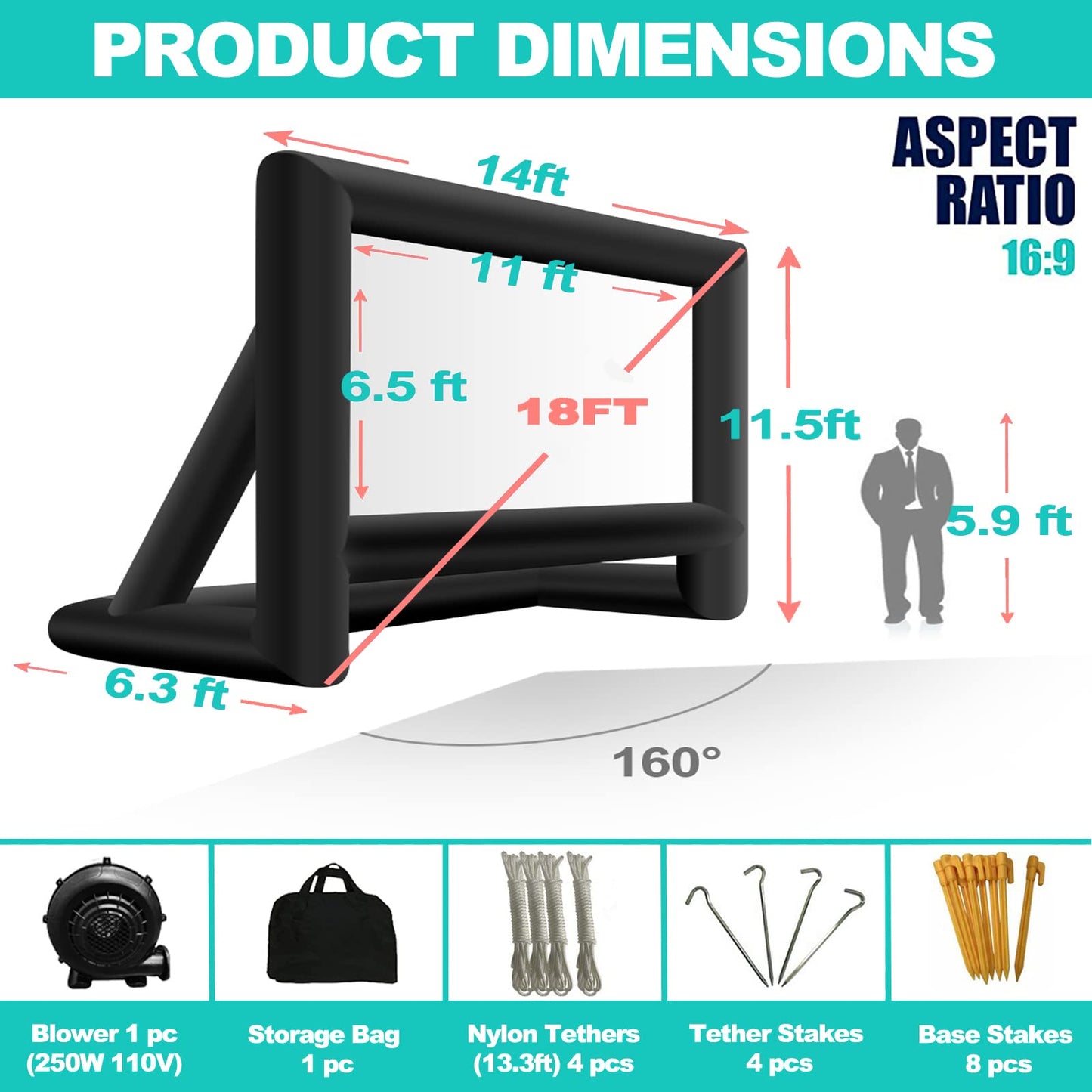 GYUEM 18 feet Inflatable Outdoor Projector Movie Screen - Package with Rope, Blower, Tent Stakes - Portable, Great for Outdoor and Indoor Party Watch