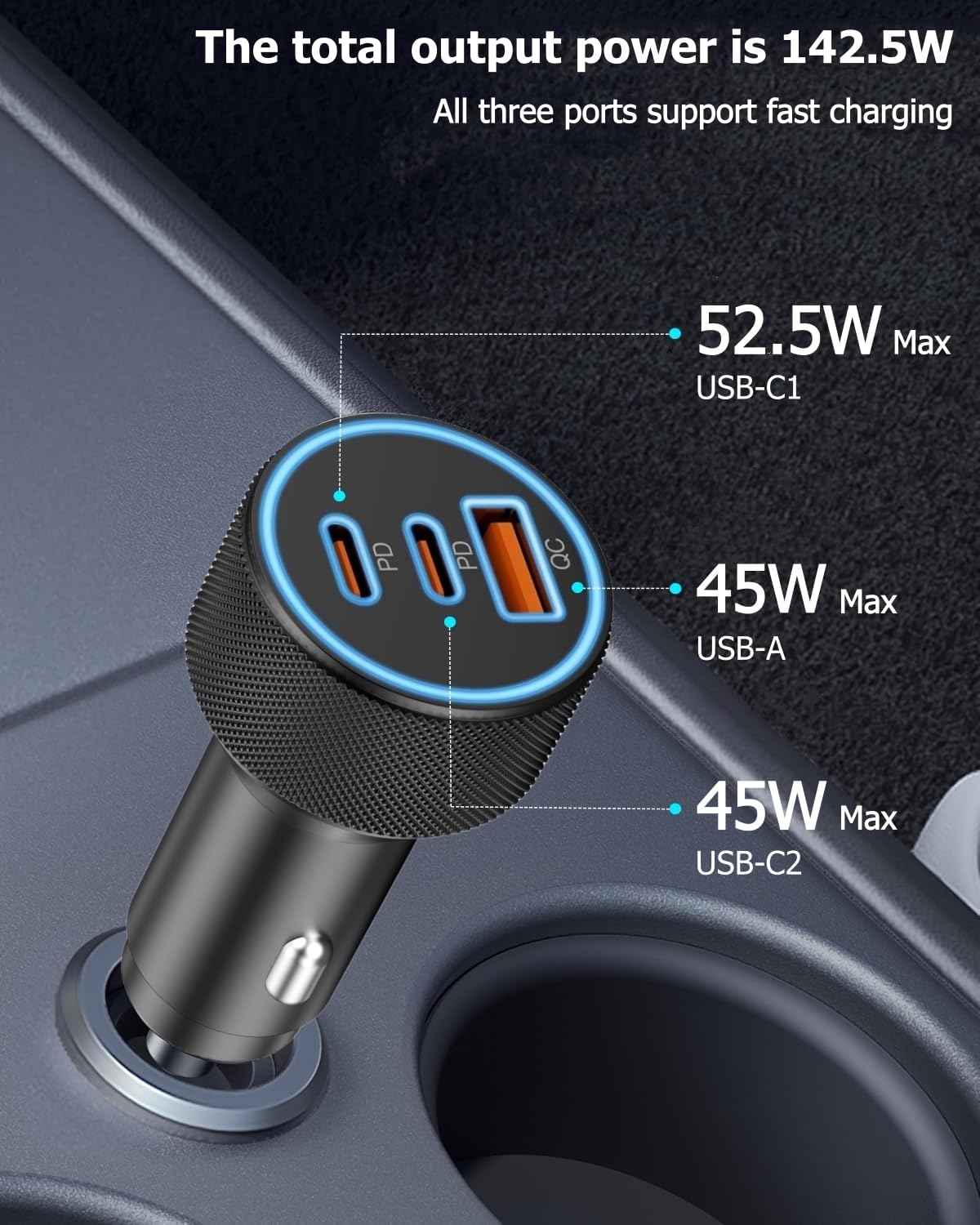 142.5W Car Charger Super Fast Charging Cigarette Lighter USB Phone Accessories Charger Adapter with QC USB c Type c PD Universal Quick Charge Multi 3