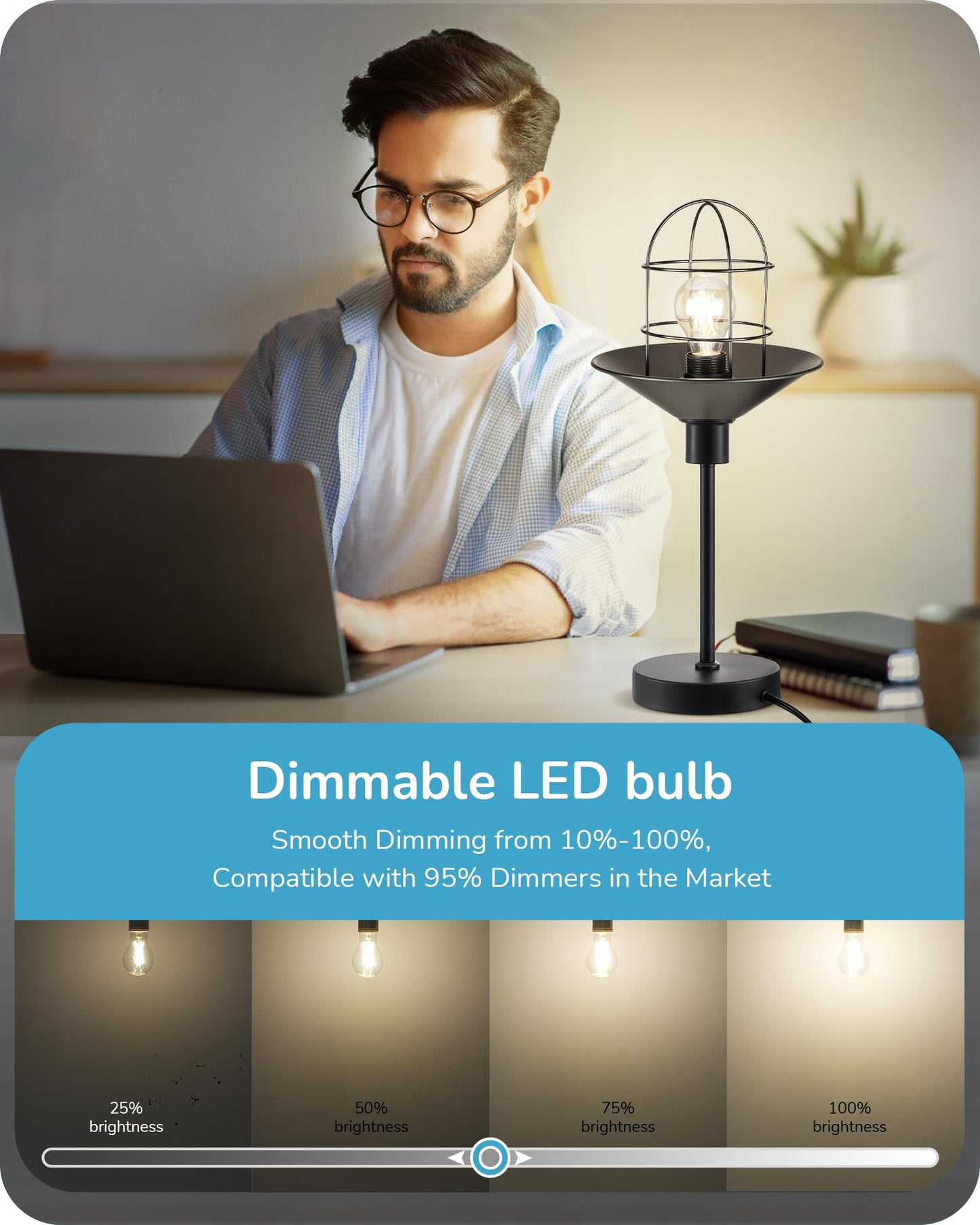 EDISHINE Dimmable A19 Edison Filament LED Bulbs, 4000K Cool E26 6-Pack