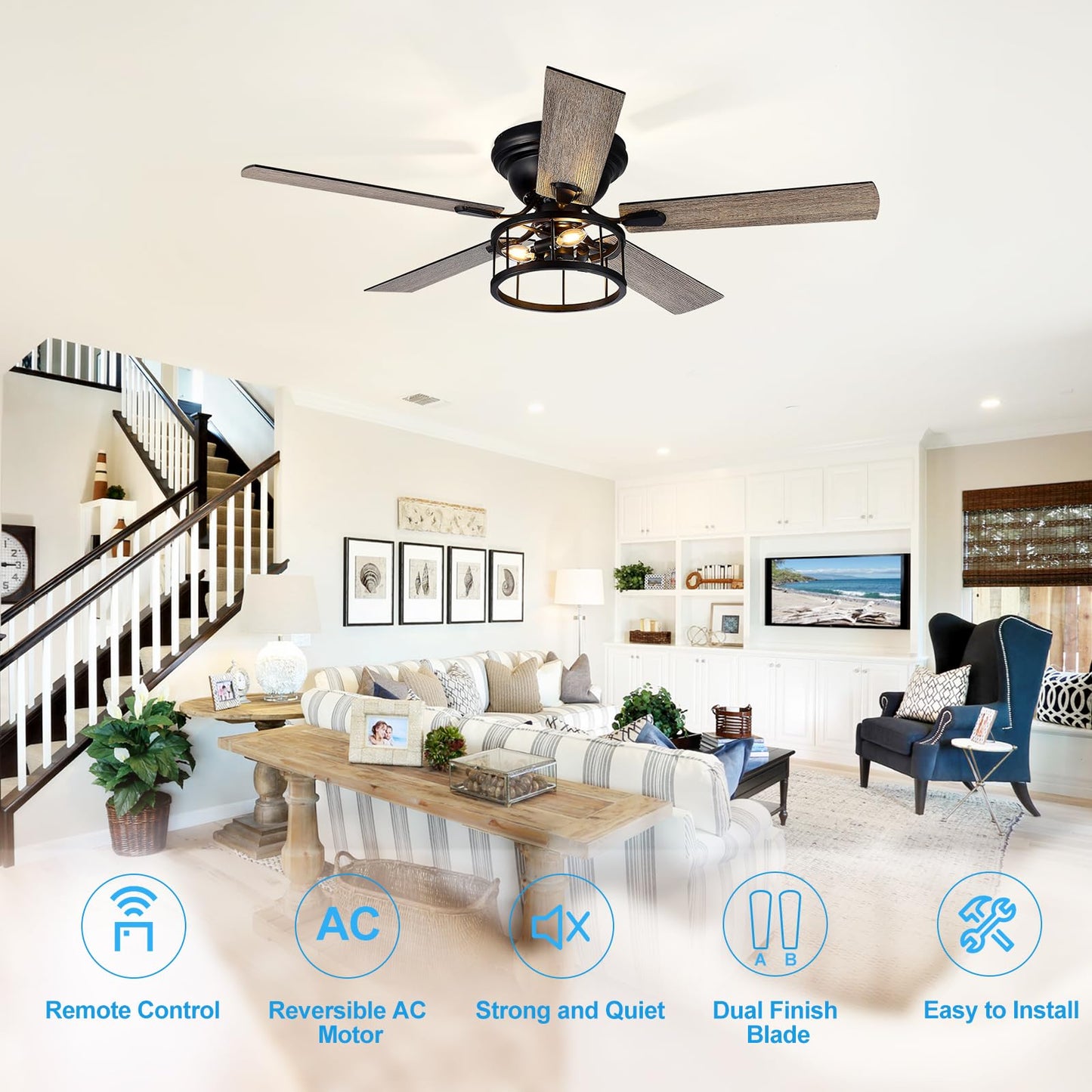 Breezary 52 Inch Flush Mount Farmhouse Rustic Ceiling Fan with Light and Remote, Reversible AC Motor, 5 Dual Finish Blades, Industrial Low Profile