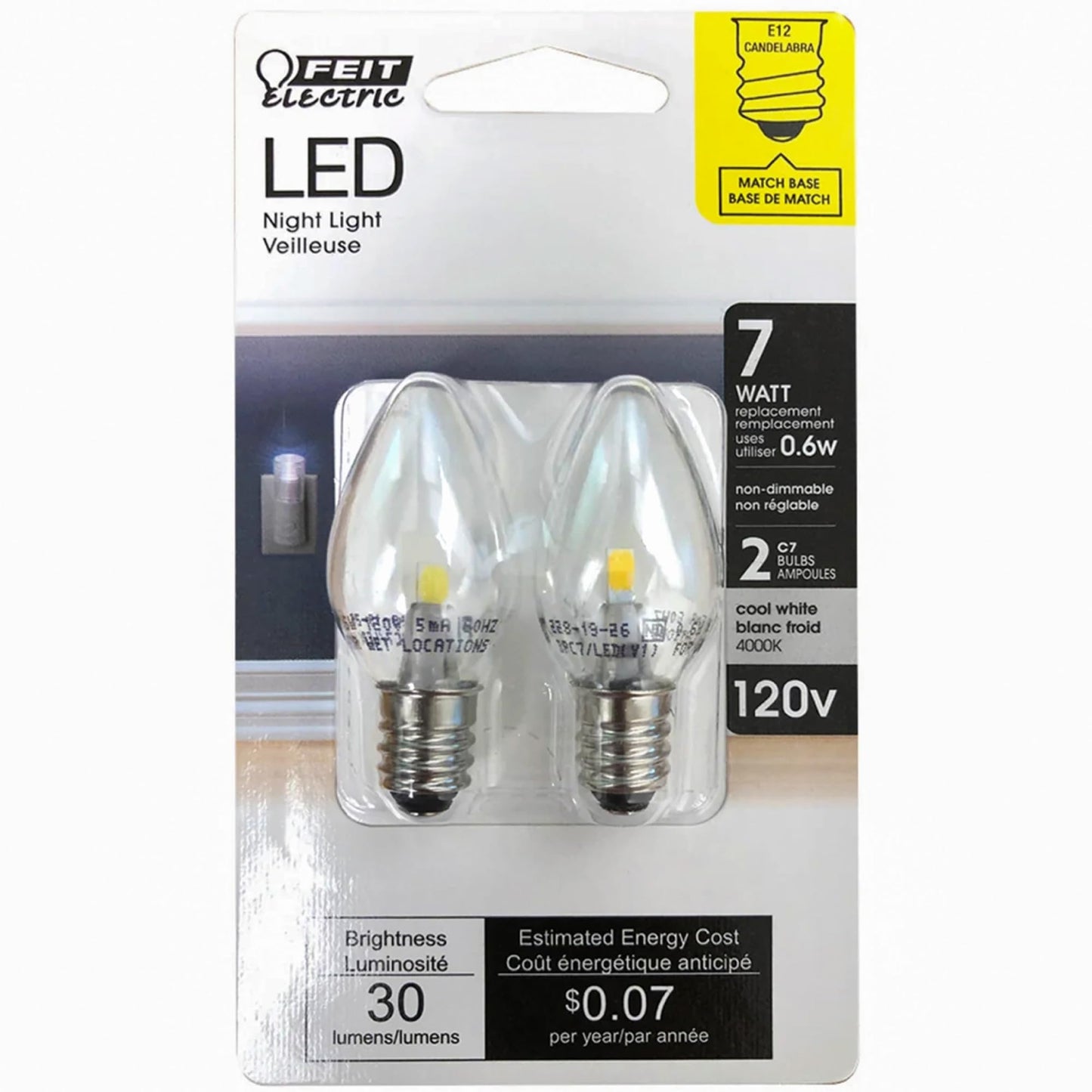 Feit Electric C7 LED Night Light Bulb BPC7/LED - 0.6W 7W Eq., E12, 4000K Cool White - 2 Pack