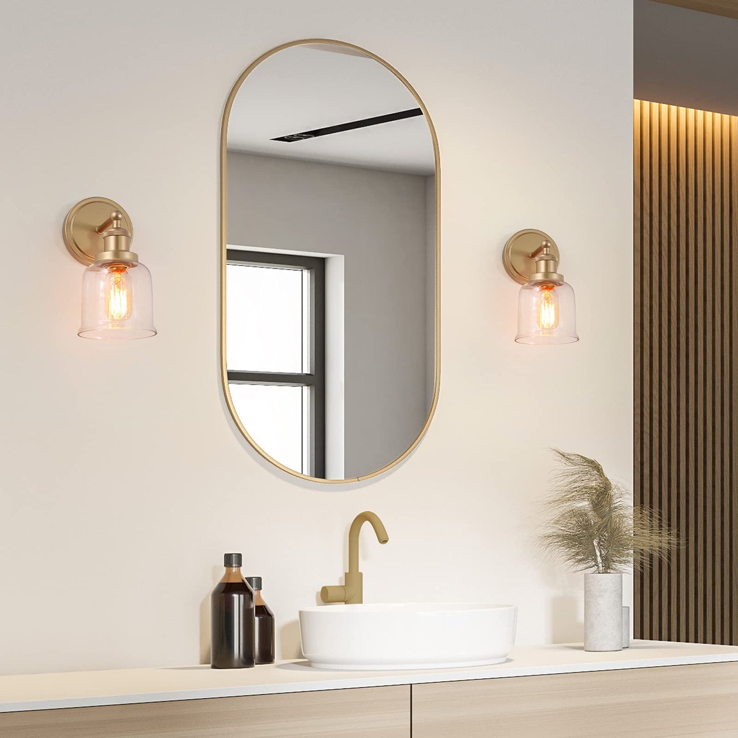 classy leaves Gold Sconces Wall Lighting, 1-Light Gold Vanity Lights for Bathroom, Modern Wall Light Sconce with Clear Glass Shade for Bedroom, Living
