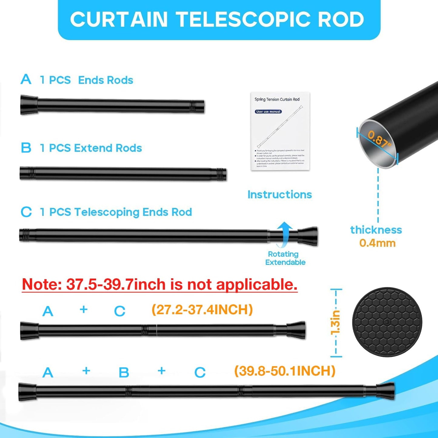 Black Spring Tension Curtain Rod, 28-52 in Adjustable No-Drill Rod, 7/8" Diameter, Heavy Duty Anti-Slip for Shower, Windows, Kitchen & Closet