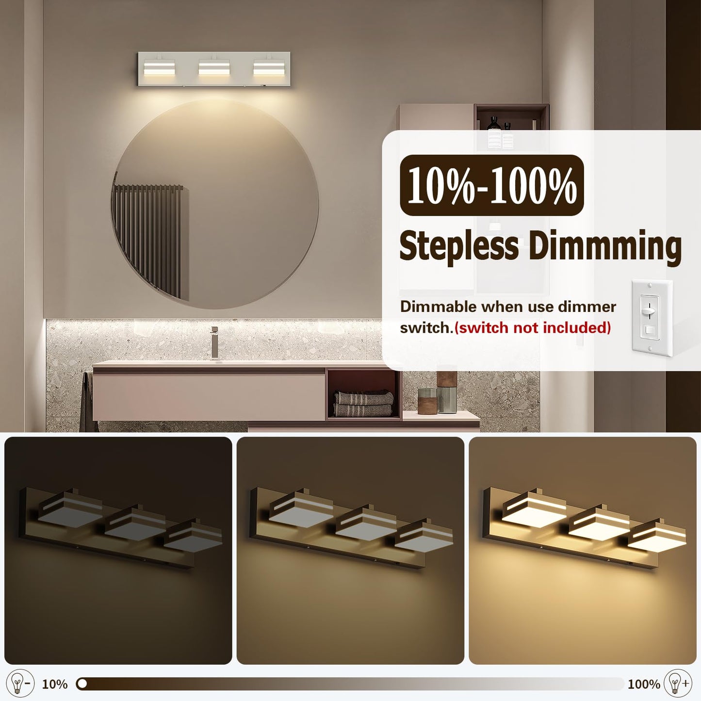 Joossnwell Brushed Nickel Vanity Lights for Bathroom Light Fixtures (3-Light, 19.69-Inch) Dimmable 5CCT Modern Bath Lighing Fixture Over Mirror LED
