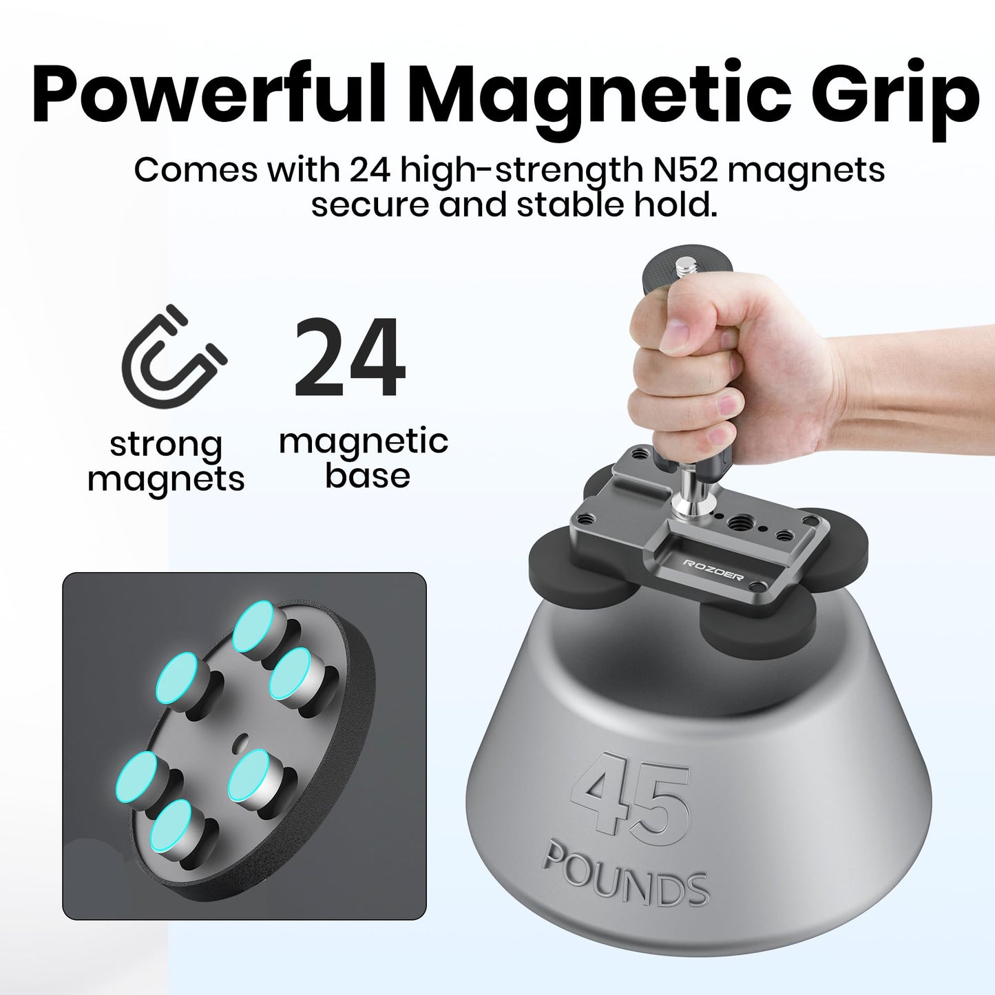 ROZOER 4-in-1 Magnetic Camera Mount Kit - Universal Baseplate with Magic Arm, Phone Clip & Bands for GoPro/for Osmo/for Insta360/Smartphones (Car