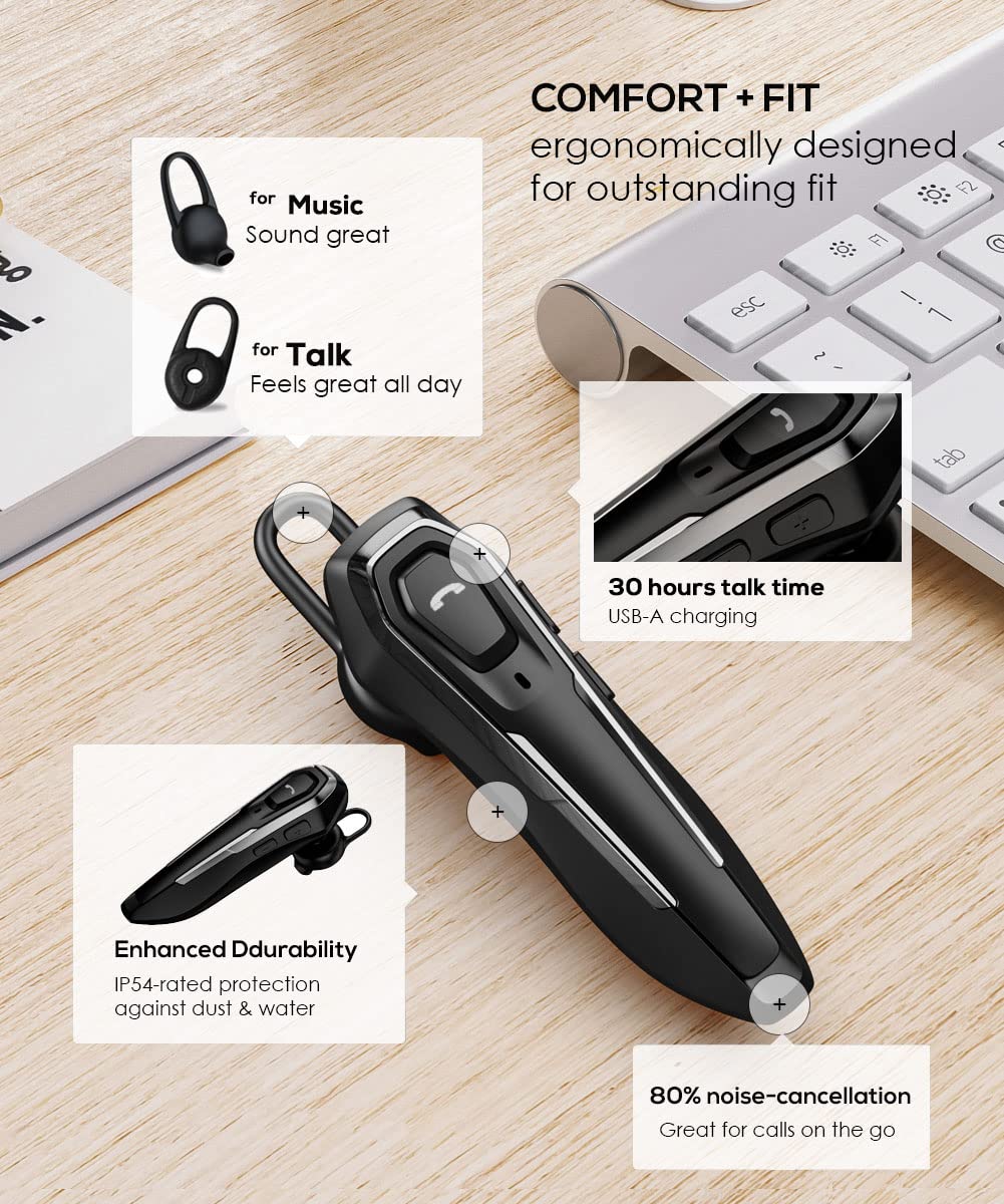 Micool Trucker Bluetooth Headset, Noise Cancelling Single Ear Headset, 30H Talking Time, Hands Free Bluetooth Earpiece for Cell Phones