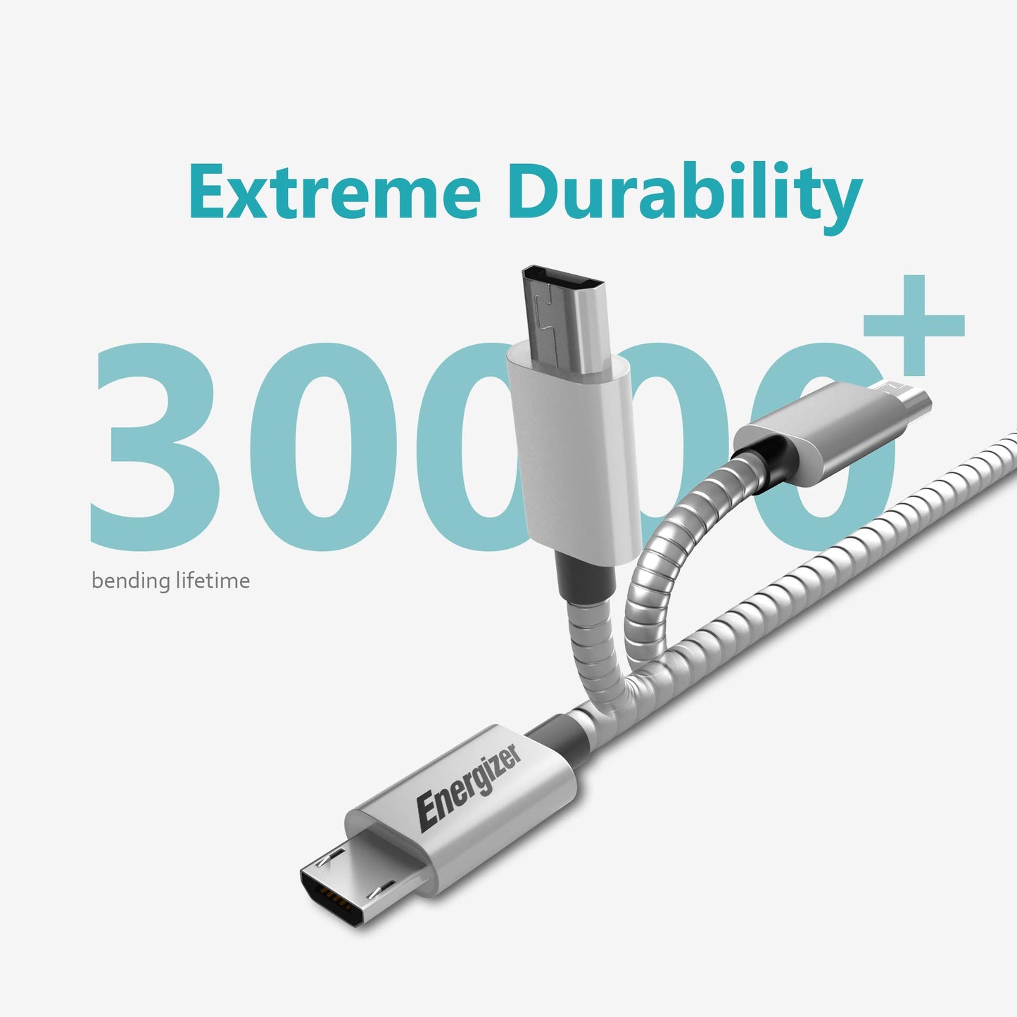 Energizer Ultimate Android Charger Micro USB Cable 4ft Fast Charging Syncing Cord Metal Tip, Metallic Silver 4 Feet, Metal Cord
