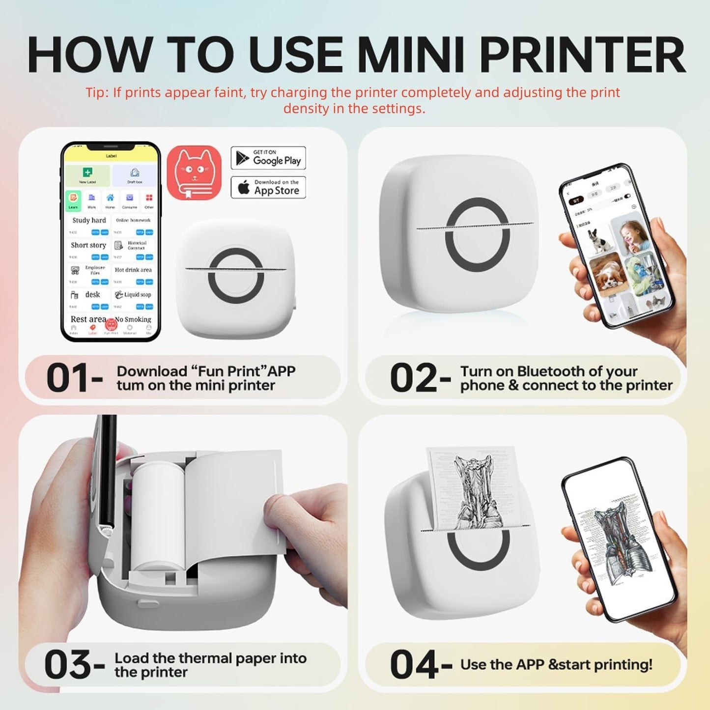 Cabaro Mini Printer Sticker Thermal Printer with 3 Rolls Paper, Bluetooth Portable Phone Print Pods,Study Sticker Maker for Pictures, Photos