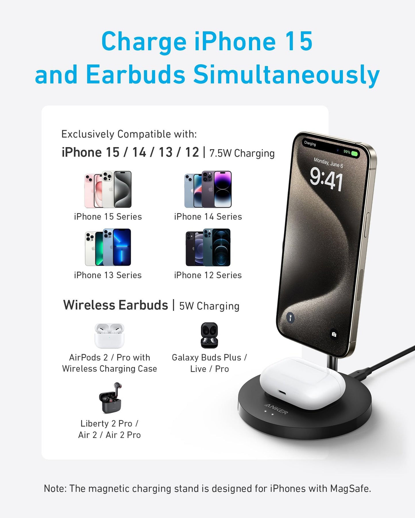 Anker iPhone 16 Wireless Charging Stand, PowerWave 2-in-1 Magnetic Stand Lite with USB-C Cable, for iPhone 16/16 Pro/16 Plus/16 Pro Max/15/14/13