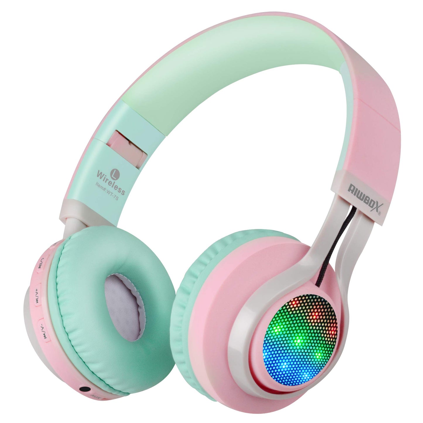 Riwbox WT-7S Bluetooth Headphones Light Up, Foldable Stero Wireless Headset with Microphone and Volume Control for PC/Tablet/TV/Travel (Pink Green)