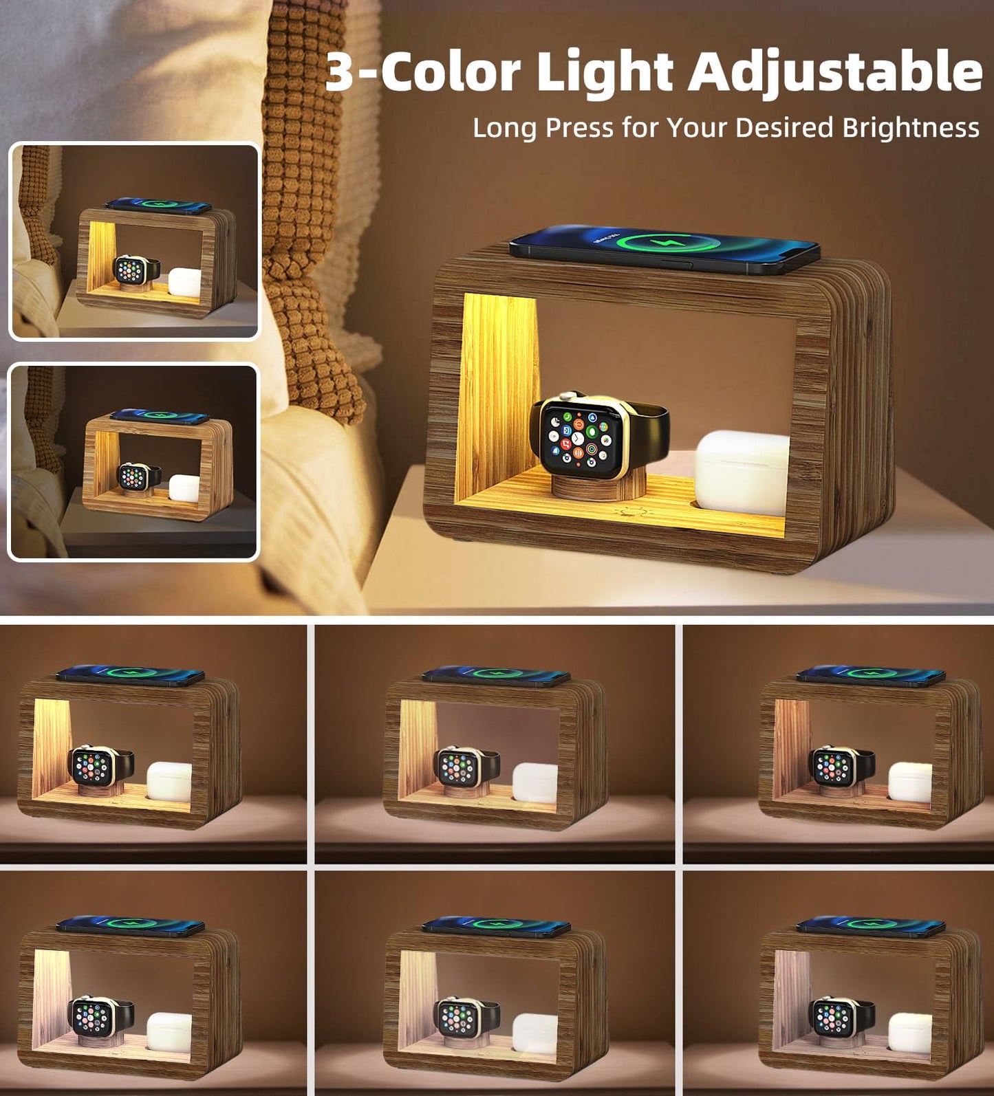 Bamboo Charging Station for Multiple Devices, 15W Fast Wireless Charger Night Light with 3 Color& 4 Adjustable Brightness, Night Stand Charger Station