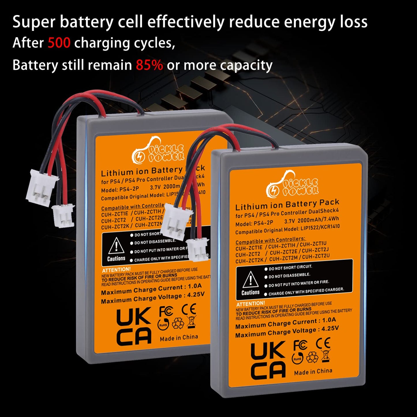 Pickle Power 2 Pack 2000mAh PS4 Controller Battery Replacement for Sony PS4/PS4 Pro/PS4 Slim PlayStation 4 Dualshock 4 Controller CUH-ZCT1E CUH-ZCT1H