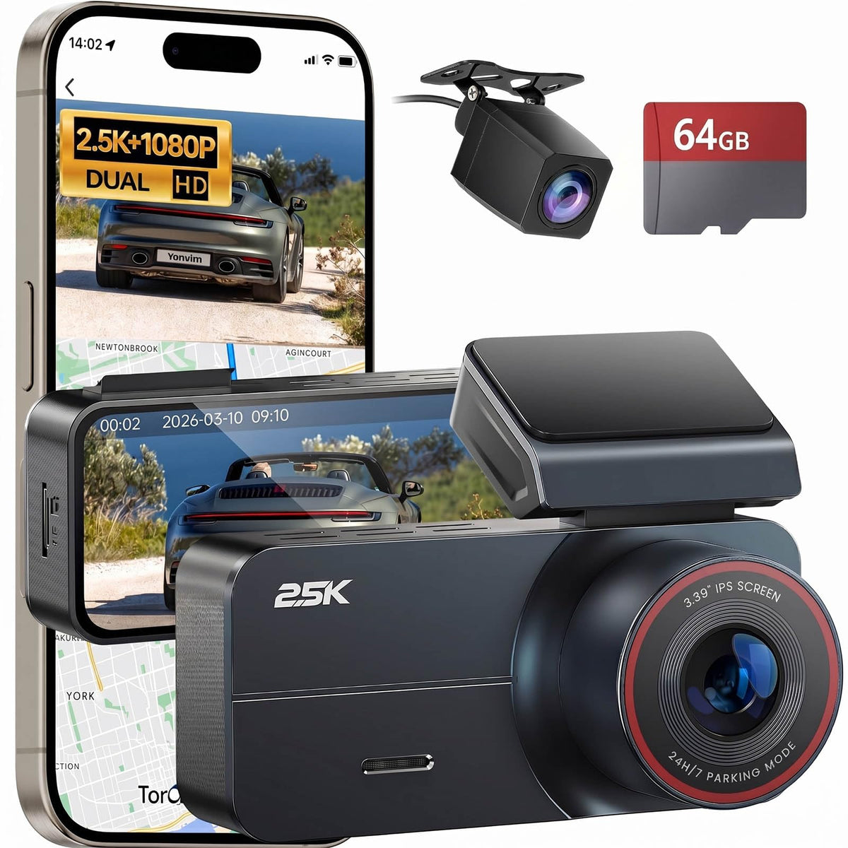 Yonvim Dash Cam 2.5K Front Rear 64GB WiFi GPS 160° Night Vision