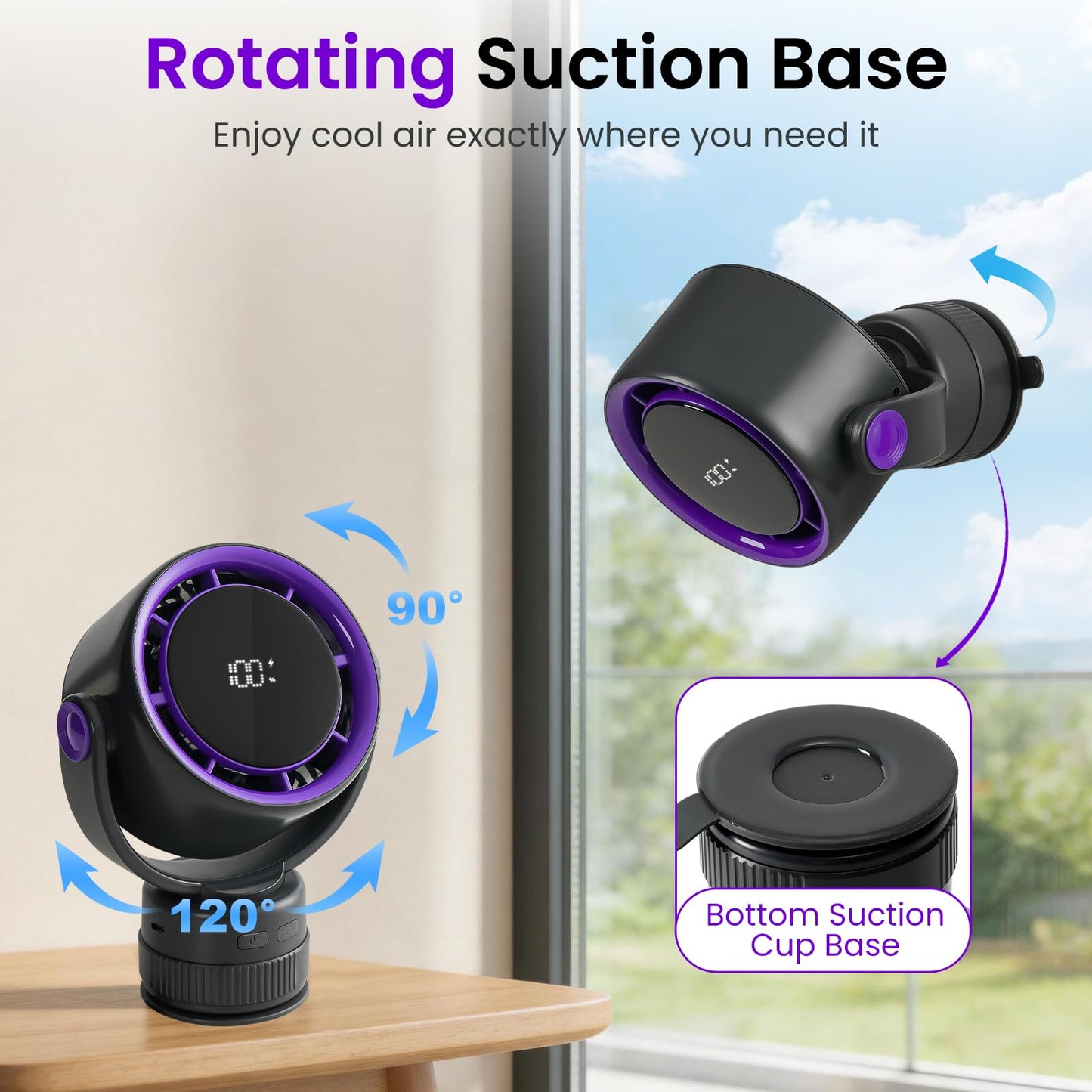 Sowmow Desk Fan - 120° Oscillating Portable Table Fan, Rechargeable Wall Mount Air Circulator with Twist-Lock Suction Cup for Kitchen, Bathroom