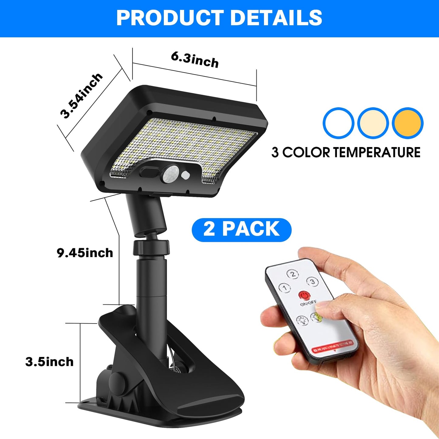 Pacify Clip On Solar Lights Outdoor with Motion Sensor, 92 LEDs 600LM Solar Fence Lights IP65 Waterproof, Adjustable Security Lights for Gutter Deck