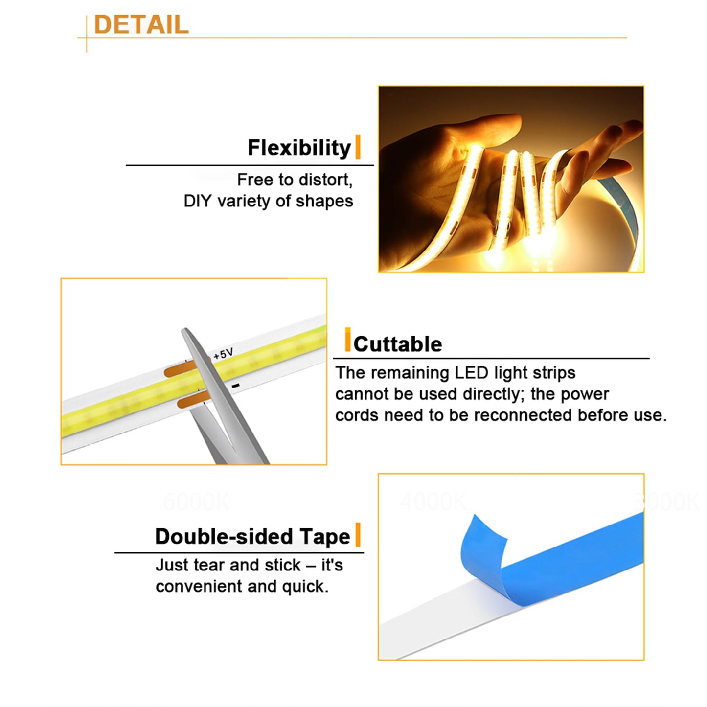XINGZHI 5V USB LED Strip Lights, 3.28FTx2 3Key COB Light Strip Warm White, Short LED Strip Light, Flexible Bright 5V Led Strip for Under Cabinet