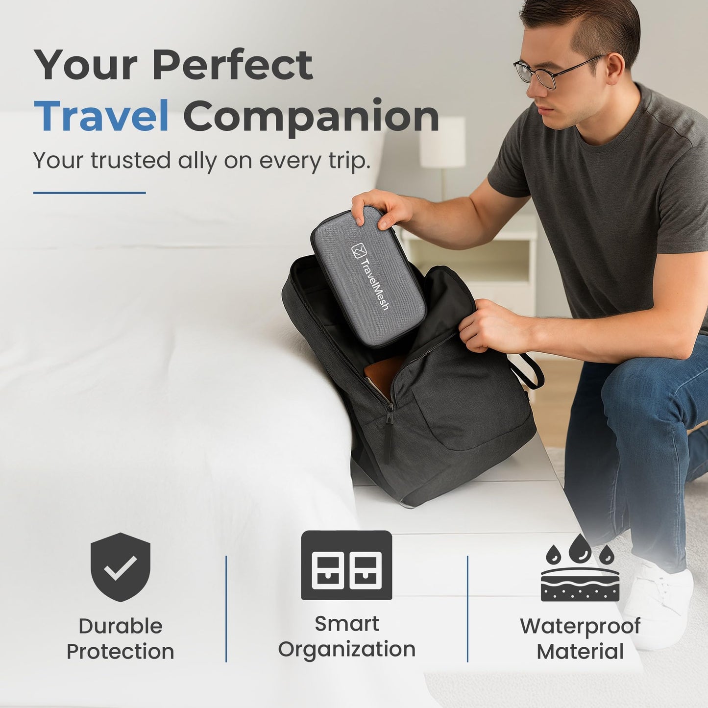 TravelMesh Travel Cable Organizer Bag - Waterproof Electronics Accessories Case for Cords, Chargers, and Tech Gear - Grey
