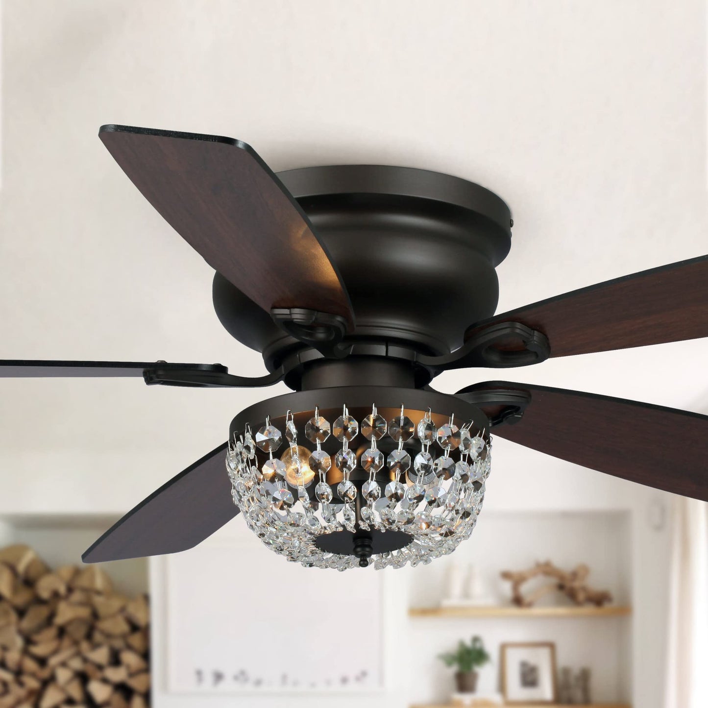 Vaczon 48 Inch Low Profile Ceiling Fan with Light: Farmhouse Caged Fandelier, Crystal Flush Mount Ceiling Fan with Remote, Indoor/Outdoor Use