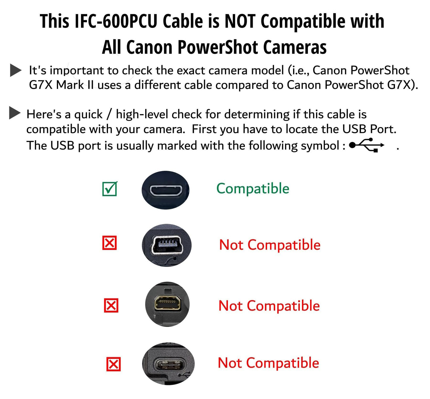 Replacement Interface Cable IFC-600PCU Compatible with Canon PowerShot G7X Mark II, G9 X, G9 X Mark II, SX620 HS, SX720 HS, SX730 HS, EOS M5, EOS M6