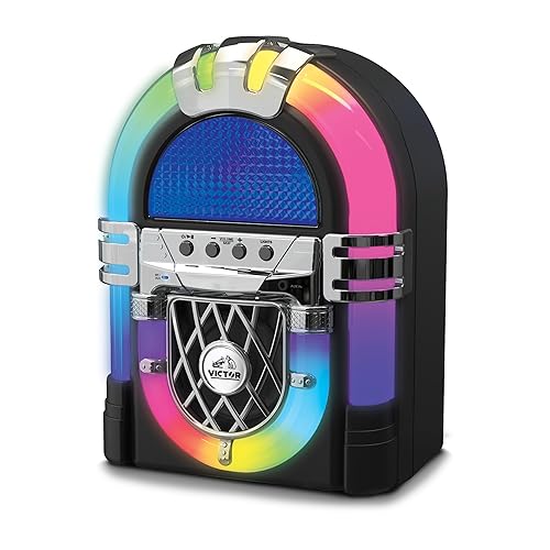 VICTOR VDTJ-1000 Mini Bluetooth Jukebox with Multicolor LED Lighting, Rechargeable Battery, Built-in Stereo Speaker, USB/SD Playback, and 3.5mm Aux