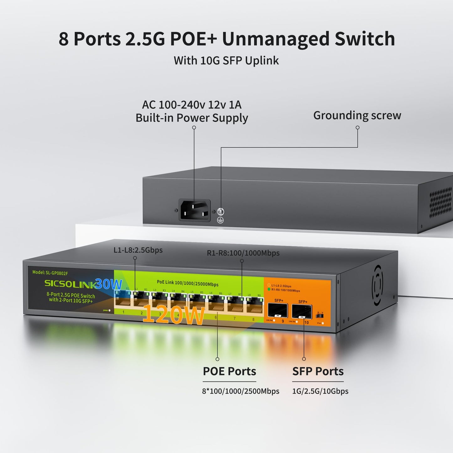 2.5Gb PoE+ Switch 10-Port Unmanaged with 8*2.5G Base-T PoE+ Ports, 2*10G SFP+ , IEEE802.3af/at , 80Gbps Switching Capacity, Metal, 2.5Gbe PoE Switch