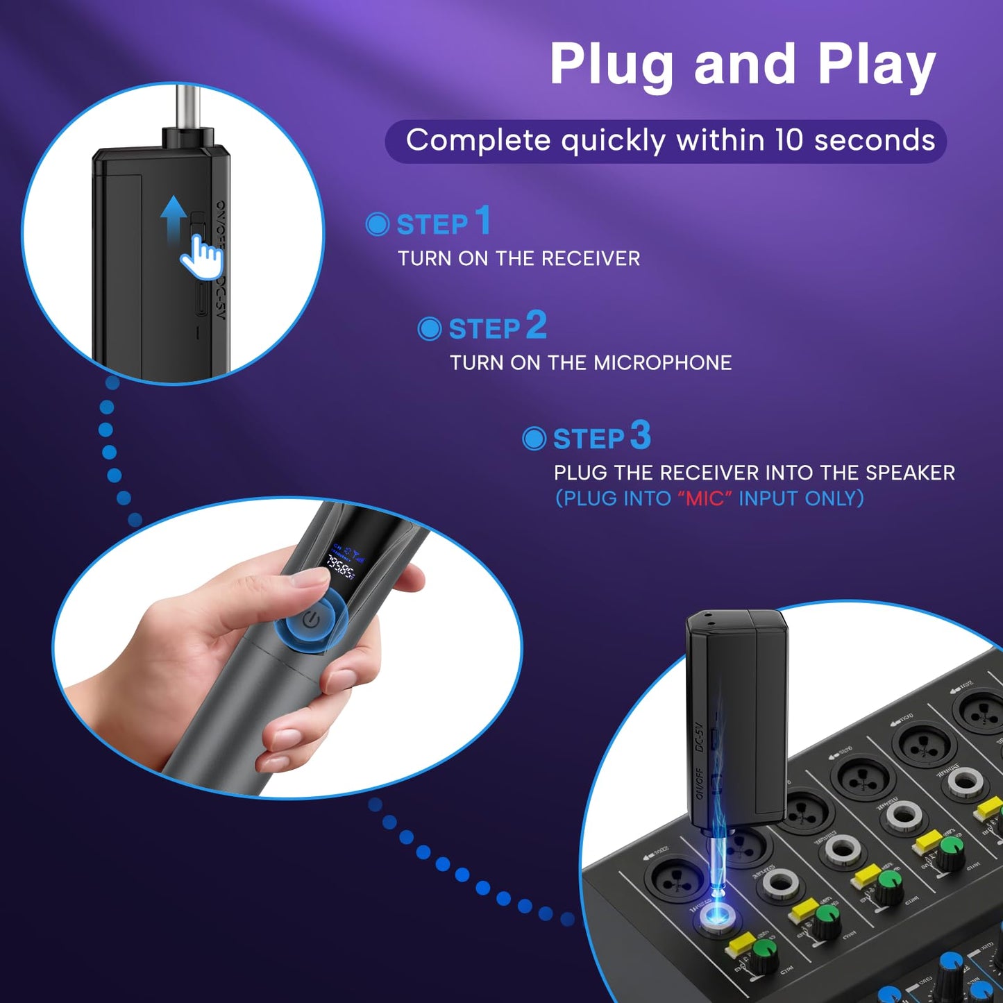 Wireless Microphone,Professional Dual Handheld Cordless Dynamic Mic System with Rechargeable Receiver,Plug & Play,Compatible with karaoke machines and