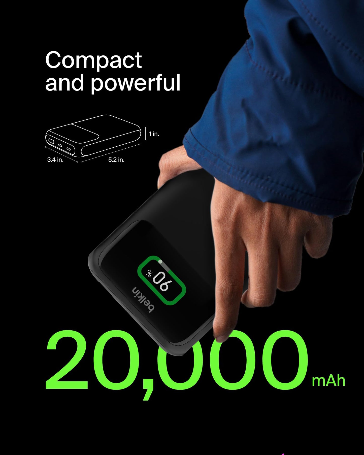 Belkin Portable Charger Power Bank, 3-Port Laptop Power Bank 20000 mAh, USB-A & USB-C Chargers Fast Charging 65W Ports for MacBook, Apple iPhone 17