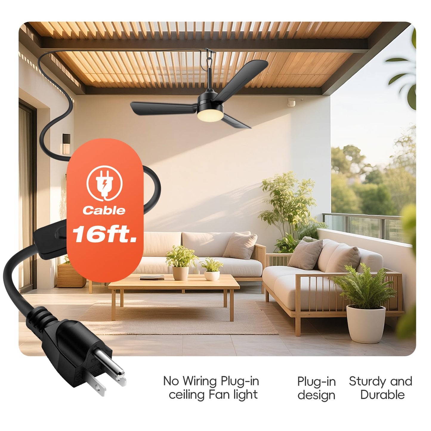 PBLALA Ceiling Fans with Lights,36.5" Plug in Ceiling Fan Light,Gazebo Fan Light,LED Fan Light Hanging with Hook,Hook Type Fan,45W,3000-6500k,Remote
