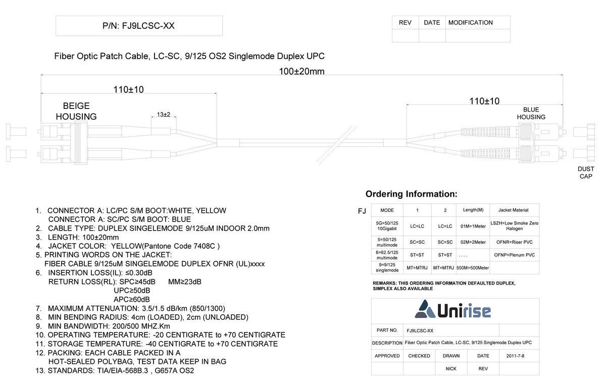 Unirise, USA 3 Meter LC-LC SINGLEMODE Fiber Optic Cable, Yellow, OFNR, 9/125 Micron, Single-M