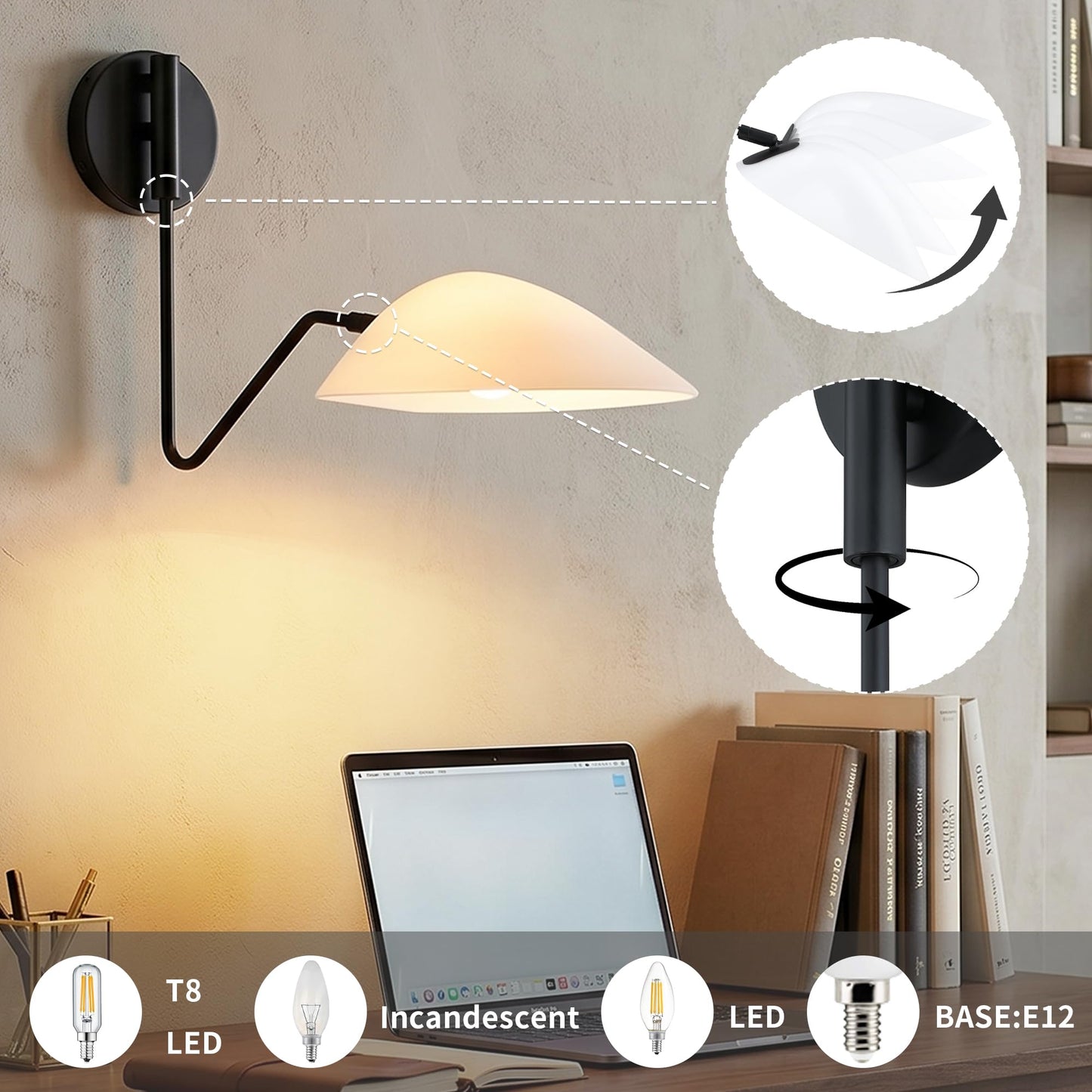 MEXO Adjustable Black Wall Sconce with Opal Shades, Flexible Directional Wall Light with Swivel & Tilt Function, Suitable for Bedrooms, Living Rooms