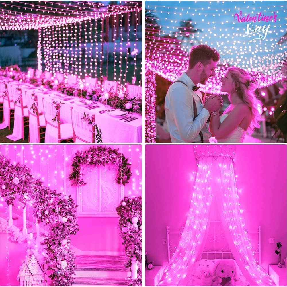FULLBELL 66 Ft 200 LED Pink Christmas Lights - Waterproof Fairy Lights with Memory Function, 8 Modes, for Indoor Outdoor Holiday Party & Tree Decor.
