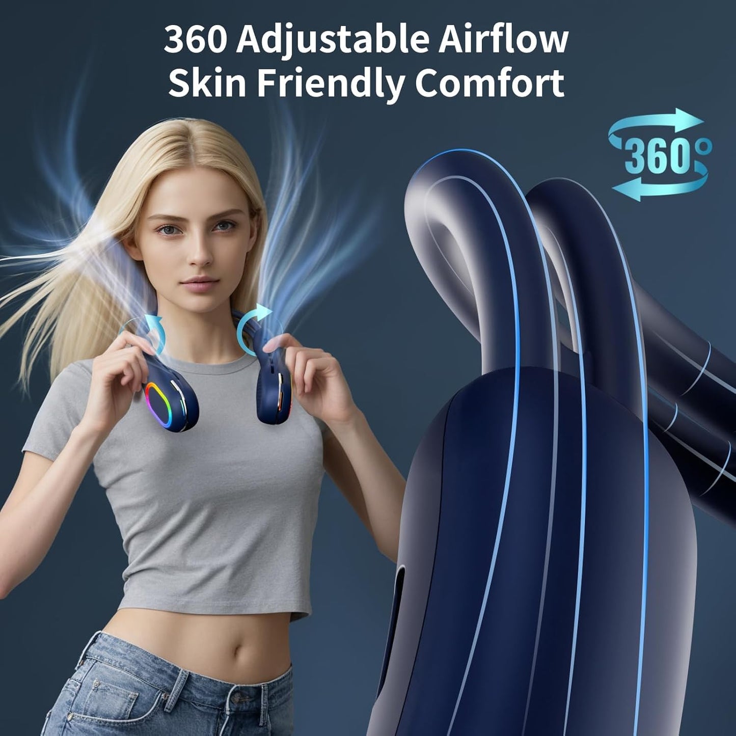 VEKK Portable Neck Fan, 360° Wind Direction Adjustment Bladeless Fan, 6000mAh Battery Operated Wearable Personal Fan, Flexible Cooling Fan for Outdoor