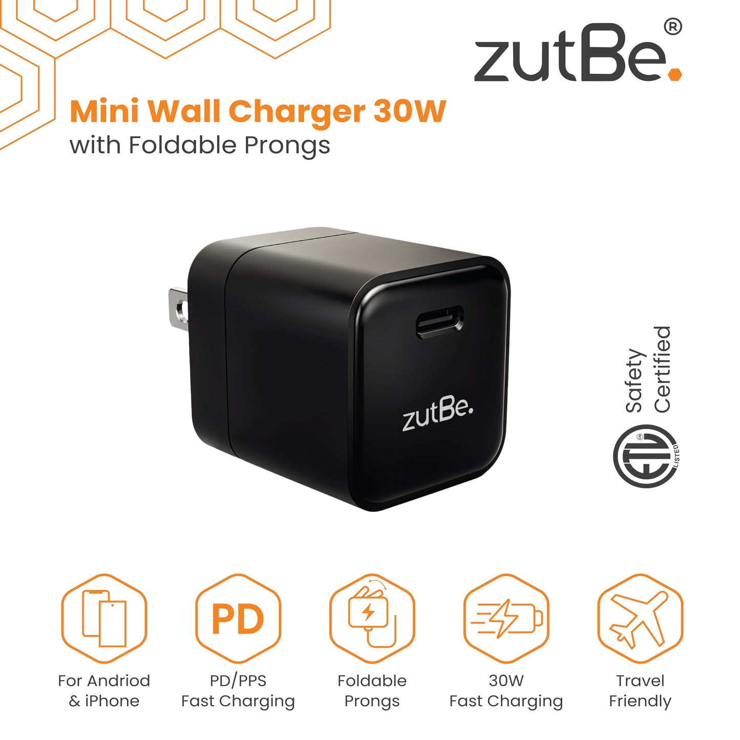 zutBe 30W Mini Wall Charger with Foldable Prongs Compact Durable USB-C Power Delivery PD and PPS to Fast Charge iPhone 17 16 15 14 13 12 Pro/Pro Max