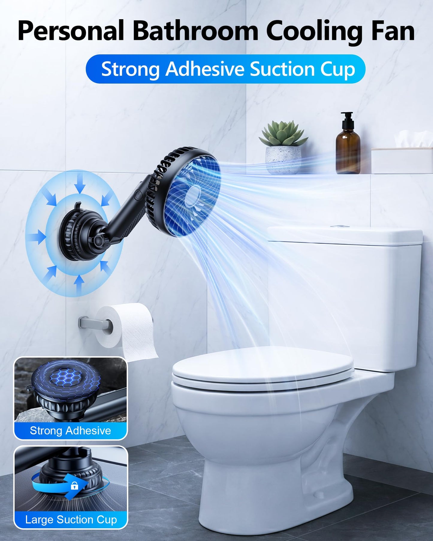 5000mAh Rechargeable Suction Cup Fan for Bathroom Shower, 360° Adjustable Stick on Fan for Wall, Detachable Battery Operated Wall Fan for Bathroom