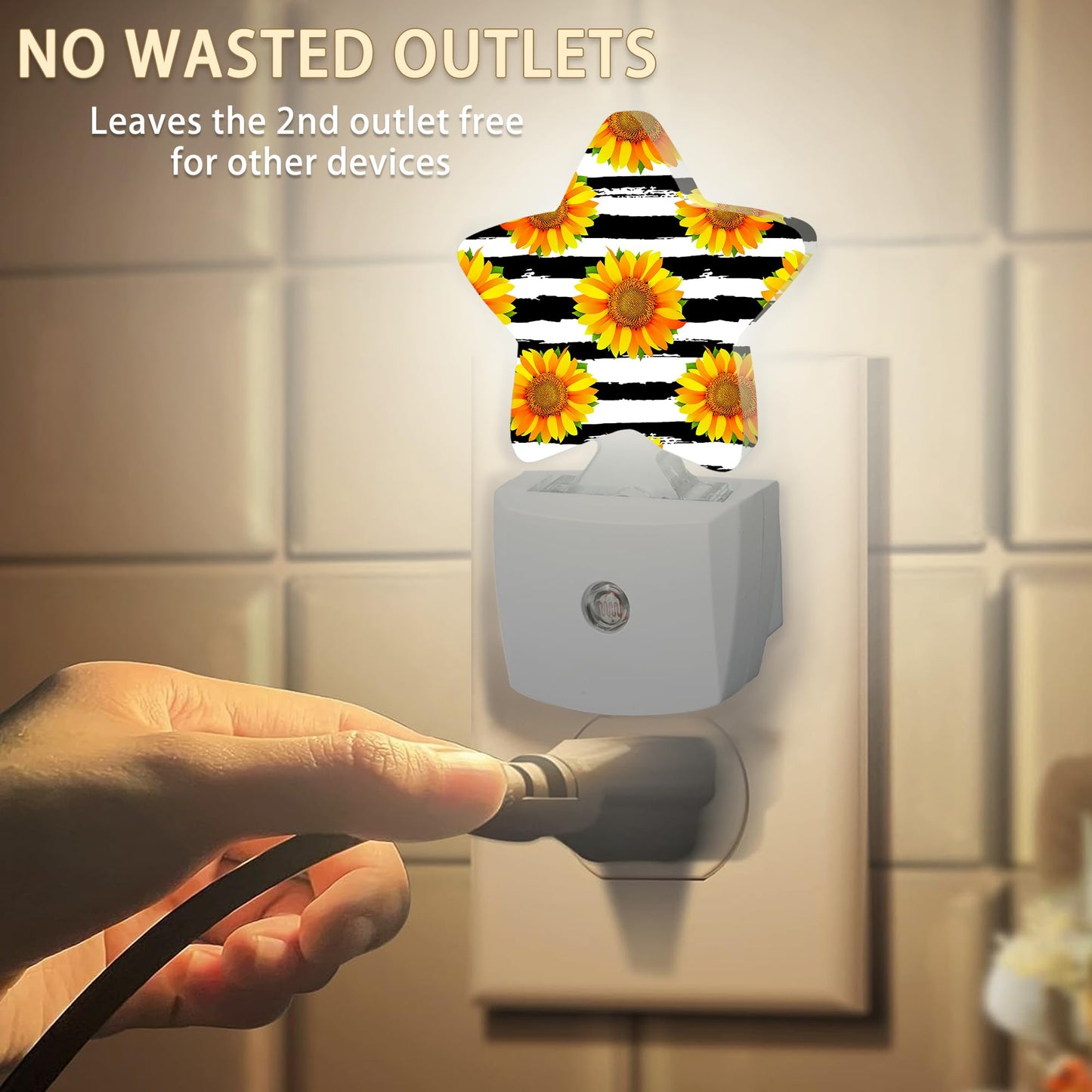 Losthll Sunflowers Plug-in Night Light Black White Grid with Dusk-to-Dawn Sensor for Bedroom,Bathroom and Living Room Sleep Friendly lamp