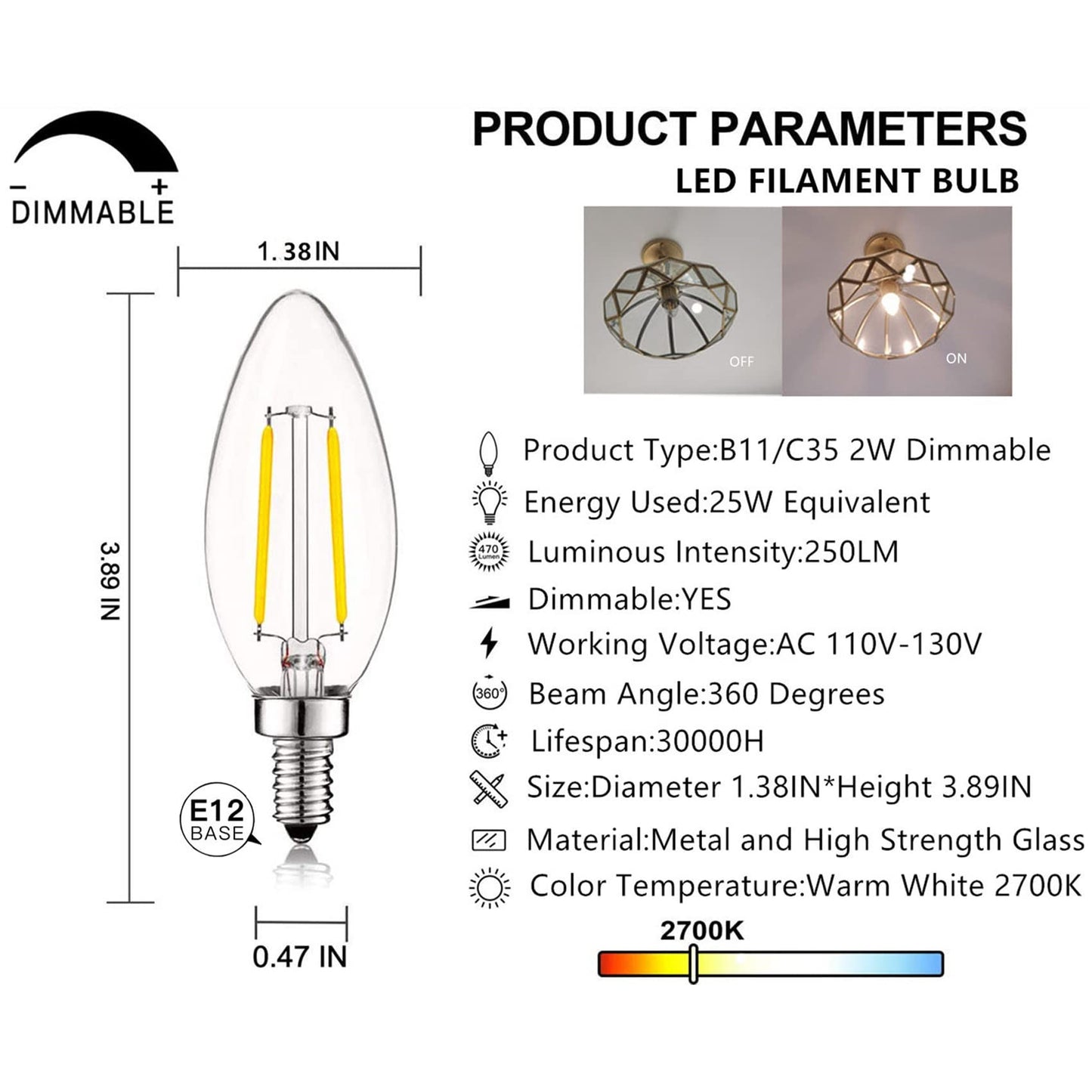 SHUWDKAR E12 Candelabra Bulb 25 Watt Equivalent E12 LED Bulb 2W 2700K