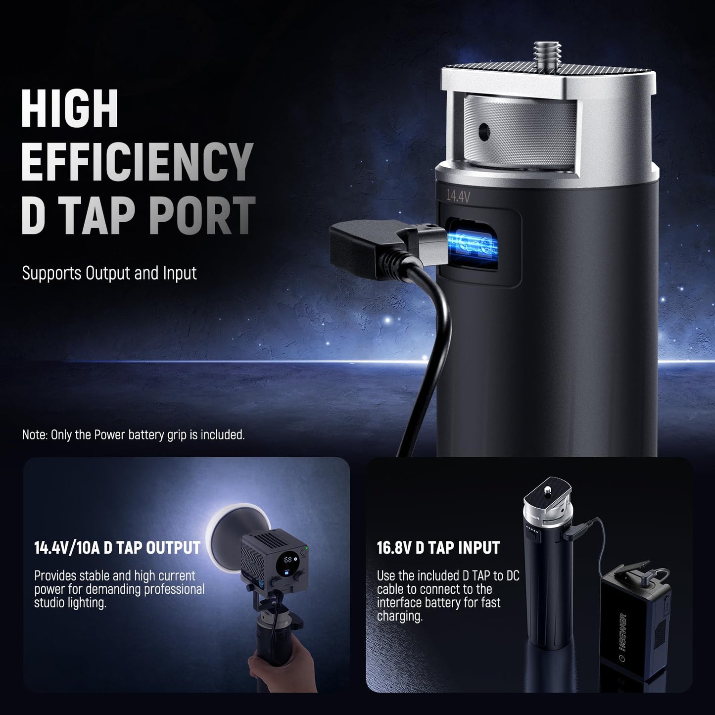 NEEWER Battery Grip Power Supply for HS MS HB Series COB Video Lights, 6800mAh/99Wh Type C PD 100W Output D TAP 14.4V/10A, Handheld Photography Light