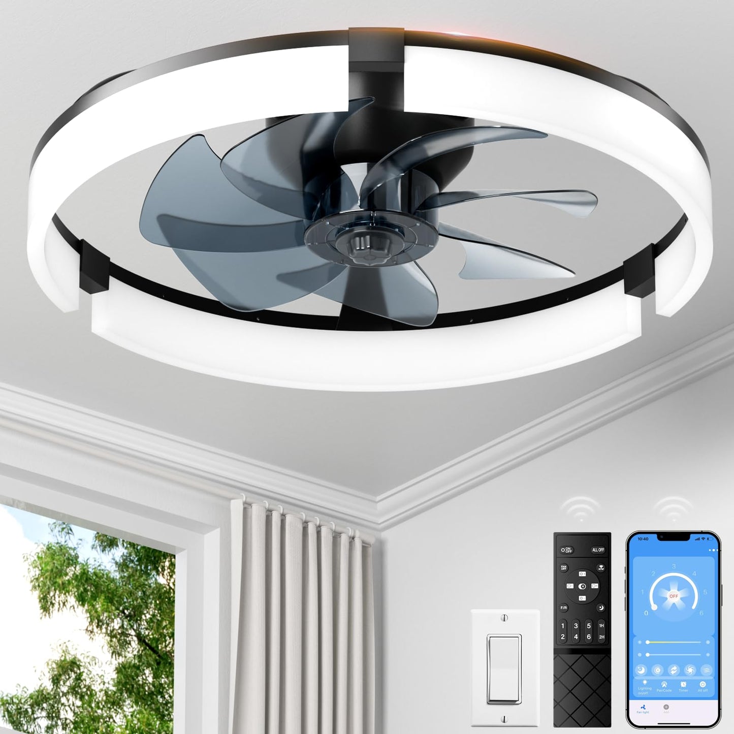 PACOVY 20'' Ceiling Fan with Lights, Flush Fandelier, Remote/APP Control